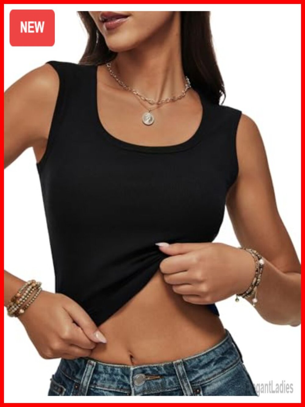 Ribbed Scoop Neck Wide Strap Cropped Tank Top Fitted Sleeveless Camisole